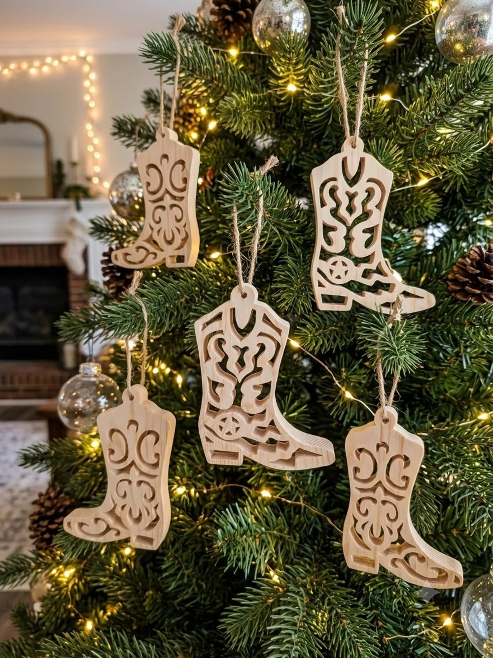 Collection of Scroll Saw cut wooden cowboy boot ornaments For Christmas tree